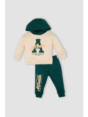 DeFacto Erkek Bebek 2'li Takım Baskılı Kapüşonlu Sweatshirt Beli Lastikli Eşofman Altı