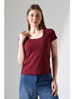Endies Kare Yaka Kısa Kol Penye Kompakt Likralı Esnek Basic T-Shirt 21069 Bordo