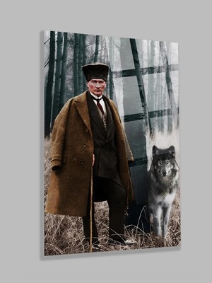 Taulart Ultra Yüksek Çözünürlüklü Kurt ve Atatürk Tablosu 4mm Kırılmaz Cam Tablo Ev, Salon, si