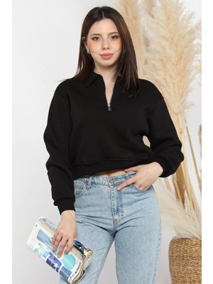 Gülseli Polo Yaka Yarım Fermuarlı Üç Iplik Şardonlu Sweatshirt