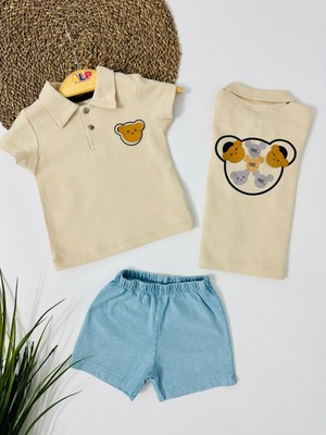 Alp Bebe Original Product Yakalı Örme Kot Şortlu 2li Takım - Bej