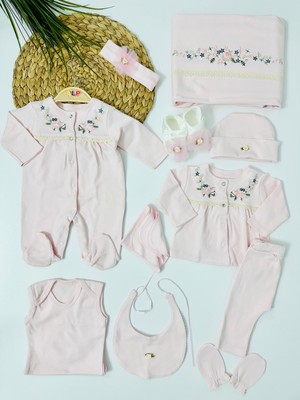 Alp Bebe Sıra Çiçek Nakışlı  10 Lu Hastane Çıkışı Set - Pembe