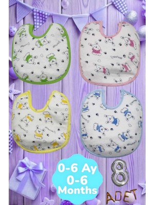 Uniquetrenders Bebek % 100 Cotton Arkası Muşambalı Su Geçirmez Renkli Mama Önlüğü 8'li Set 0-6 Ay
