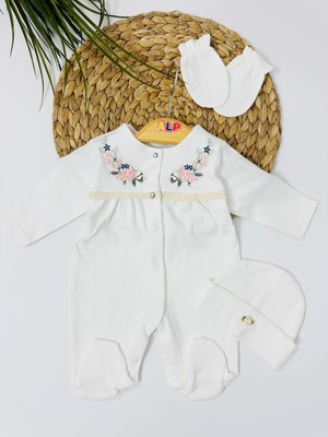 Alp Bebe Sıra Çiçek  Nakışlı Tulum Set - Krem