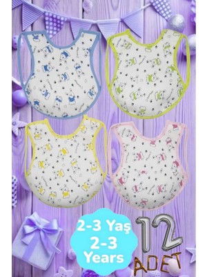 Uniquetrenders Bebek % 100 Cotton Arkası Muşambalı Su Geçirmez Renkli Mama Önlüğü 12'li Set 2-3 Yaş