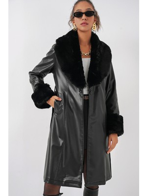 1045 Kürklü Suni Deri Kaban - Siyah