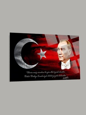 Taulart Türk Bayrağı ve Atatürk 2 Ev Ofis Okul Için 4mm Kırılmaz Temperli Yüksek Çözünürlüklü Cam Tablo