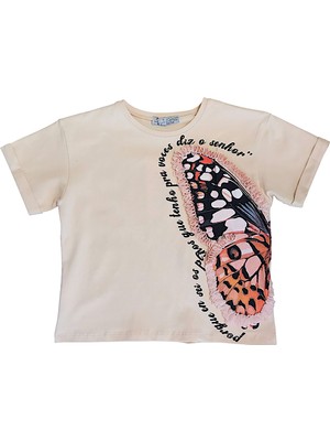 Kız Çocuk Büyük Kelebek Baskı ve Şifon Aksesuarlı Tshirt