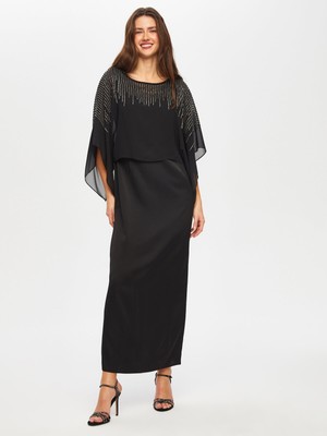 Faik Sönmez Boncuk ve Taş Işli Şifon Pelerinli Uzun Abiye Elbise 009