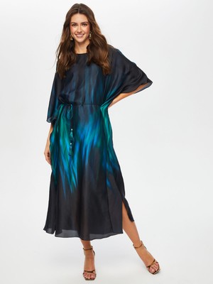 Faik Sönmez Desenli Ipek Tuşeli Uzun Abiye Elbise 021