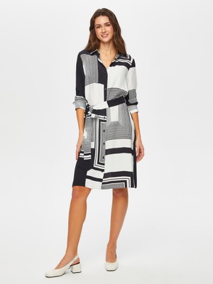 Faik Sönmez Çizgili Monochrome Desen Gömlek Elbise 039