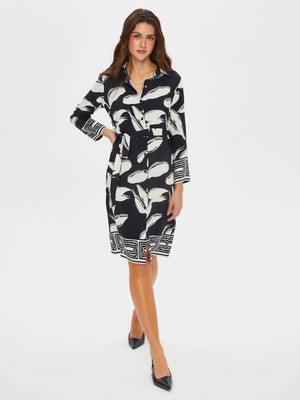 Faik Sönmez Eteği Sulu Monochrome Yaprak Desen Gömlek Elbise 001