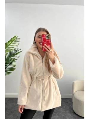 Vess Moda Kadın Beli Ipli Ipek Kürklü Hafif Peluş Kısa Kaban Mont Krem