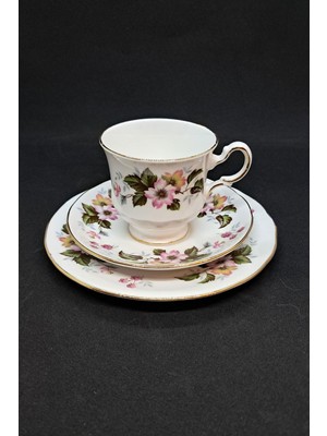 Queen Anne Yeşil Pembe Floral Vintage Çay Fincanı 3 Parça