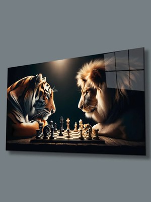 Taulart Satranç Ustaları Kaplan Vs Aslan Cam Tablo Yapay Zeka  Büyük Tablo Ev Ofis Dekoru