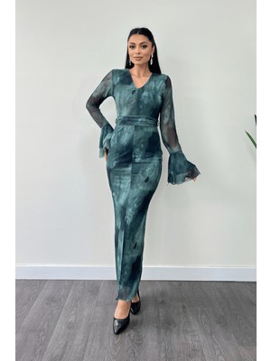 Tül Desenli Kumaş Kolları Volan Detaylı Kalem Elbise - Turkuaz