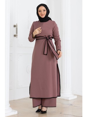 Moda Mihram Çoban Dikişli Kemerli Takım Gül Kurusu 19365
