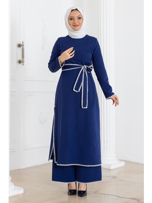 Moda Mihram Çoban Dikişli Kemerli Takım İndigo 19365