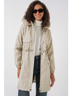 9129 Kapüşonlu Suni Kürklü Kaban - Taş