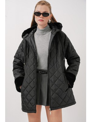 5197 Kapüşonlu Kapitone Mont - Siyah