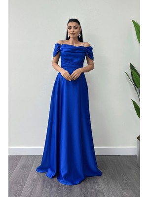 Saten Kumaş Büzgülü Askılı Abiye Elbise - Saks Mavi