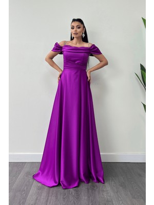 Saten Kumaş Büzgülü Askılı Abiye Elbise - Mor