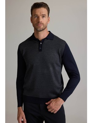 Erkek Lacivert Gri Polo Yaka Desenli Triko