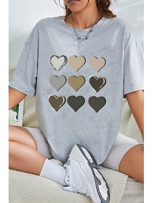 Kadın Kalp Baskılı T-Shirt Oversize Salaş