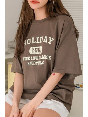 Kadın Holiday Baskılı Tasarım T-Shirt Oversize Salaş