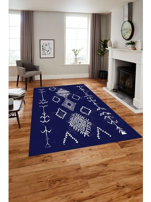 Napoli Home Baskılı Iskandinav Etnik Modern Yıkanabilir Yolluk Mutfak Salon Halısı, Iskandinav-50-Lacivert,