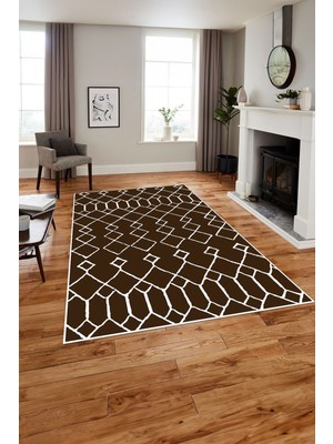 Napoli Home Baskılı Iskandinav Çizgi Geçişli Model Yıkanabilir Yolluk Mutfak Salon Halısı, Iskandinav-57-Kahve,