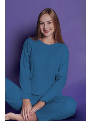 Ikili Kadın Rahat Pijama Takımı – Fitilli, Iç Göstermez, Petrol Mavisi
