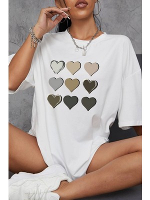 Kadın Kalp Baskılı T-Shirt Oversize Salaş
