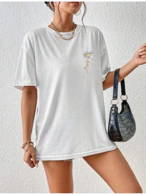 Papatya Baskılı Yazlık Pamuklu Kumaş Oversize Kalıp Tshirt Salaş