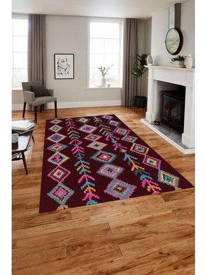 Napoli Home Dijital Baskılı Iskandinav Desenli Yıkanabilir Yolluk Mutfak Salon Halısı, Iskandinav-38-Bordo,