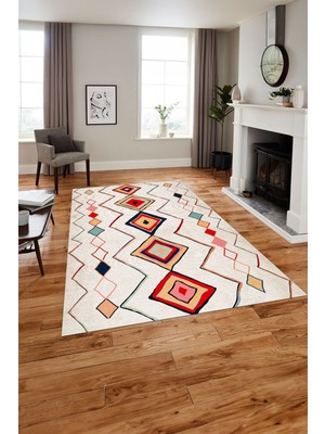 Napoli Home Baskılı Iskandinav Kilim Görünümlü Yıkanabilir Yolluk Mutfak Salon Halısı, Iskandinav-35-Renkli,