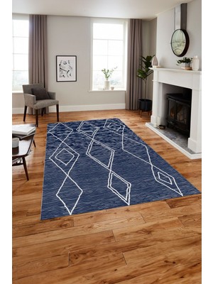 Napoli Home Baskılı Iskandinav Geometrik Model Yıkanabilir Yolluk Mutfak Salon Halısı, Iskandinav-45-Lacivert,