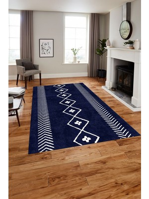 Napoli Home Baskılı Iskandinav Geometrik Çizgili Yıkanabilir Yolluk Mutfak Salon Halısı, Iskandinav-32-Lacivert,