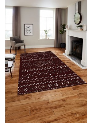 Napoli Home Baskılı Iskandinav Desen Etnik Yıkanabilir Yolluk Mutfak Salon Halısı, Iskandinav-55-Bordo,