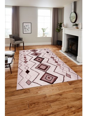 Napoli Home Baskılı Iskandinav Kilim Görünümlü Yıkanabilir Yolluk Mutfak Salon Halısı, Iskandinav-35-Pembe,