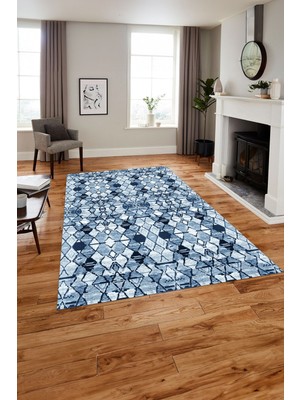 Napoli Home Baskılı Iskandinav Dörtgen Modelli Yıkanabilir Yolluk Mutfak Salon Halısı, Iskandinav-42-Lacivert,