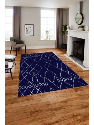 Napoli Home Baskılı Iskandinav Desen Çizgili Yıkanabilir Yolluk Mutfak Salon Halısı, Iskandinav-46-Lacivert,