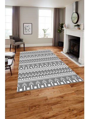 Napoli Home Baskılı Iskandinav Kilim Görünümlü Yıkanabilir Yolluk Mutfak Salon Halısı, Iskandinav-53-Gri,