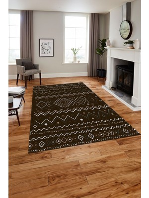 Napoli Home Baskılı Iskandinav Desen Etnik Yıkanabilir Yolluk Mutfak Salon Halısı, Iskandinav-55-Kahve,