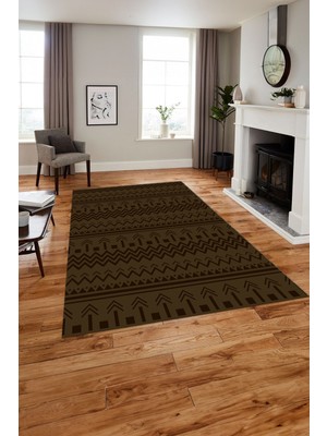 Napoli Home Baskılı Iskandinav Kilim Görünümlü Yıkanabilir Yolluk Mutfak Salon Halısı, Iskandinav-53-Kahve,