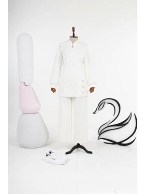 Letafet Kapüşonlu Düğme Detaylı Ceketli Pantolonlu Takım - Beyaz