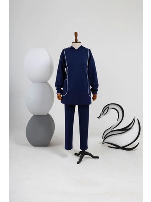 Letafet Şerit Detaylı Cepli Kapüşonlu Pantolonlu Takım - Lacivert