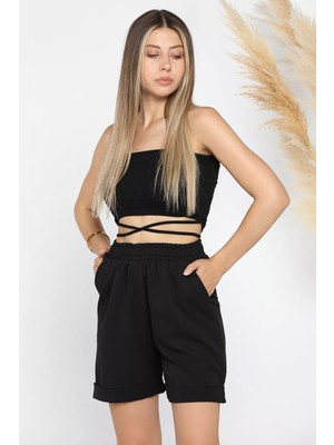 Gülseli Bel Lastikli Duble Paça Cepli Kadın Şort