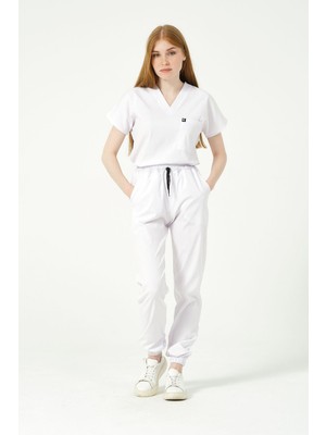 Pratik Medikal Beyaz Likralı Scrubs Jogger Paça Doktor Hemşire Forması Yarasa Kol Takım Unisex