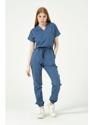 Pratik Medikal Indigo Likralı Scrubs Jogger Paça Doktor Hemşire Forması Yarasa Kol Takım Unisex